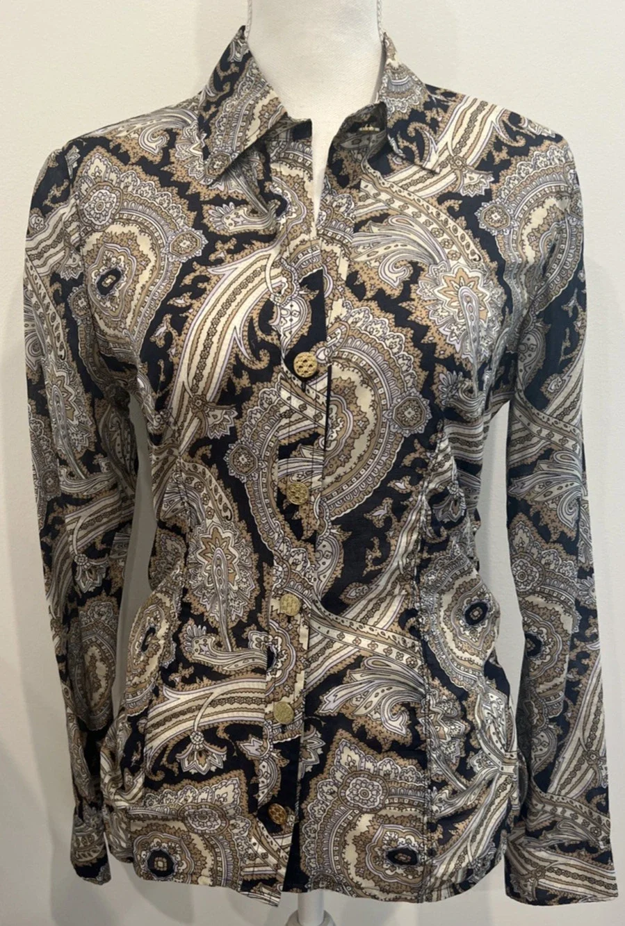 Women's Michael Kors Blouse Long Sleeve Gold Buttons Cotton Quiet Luxury SZ 4